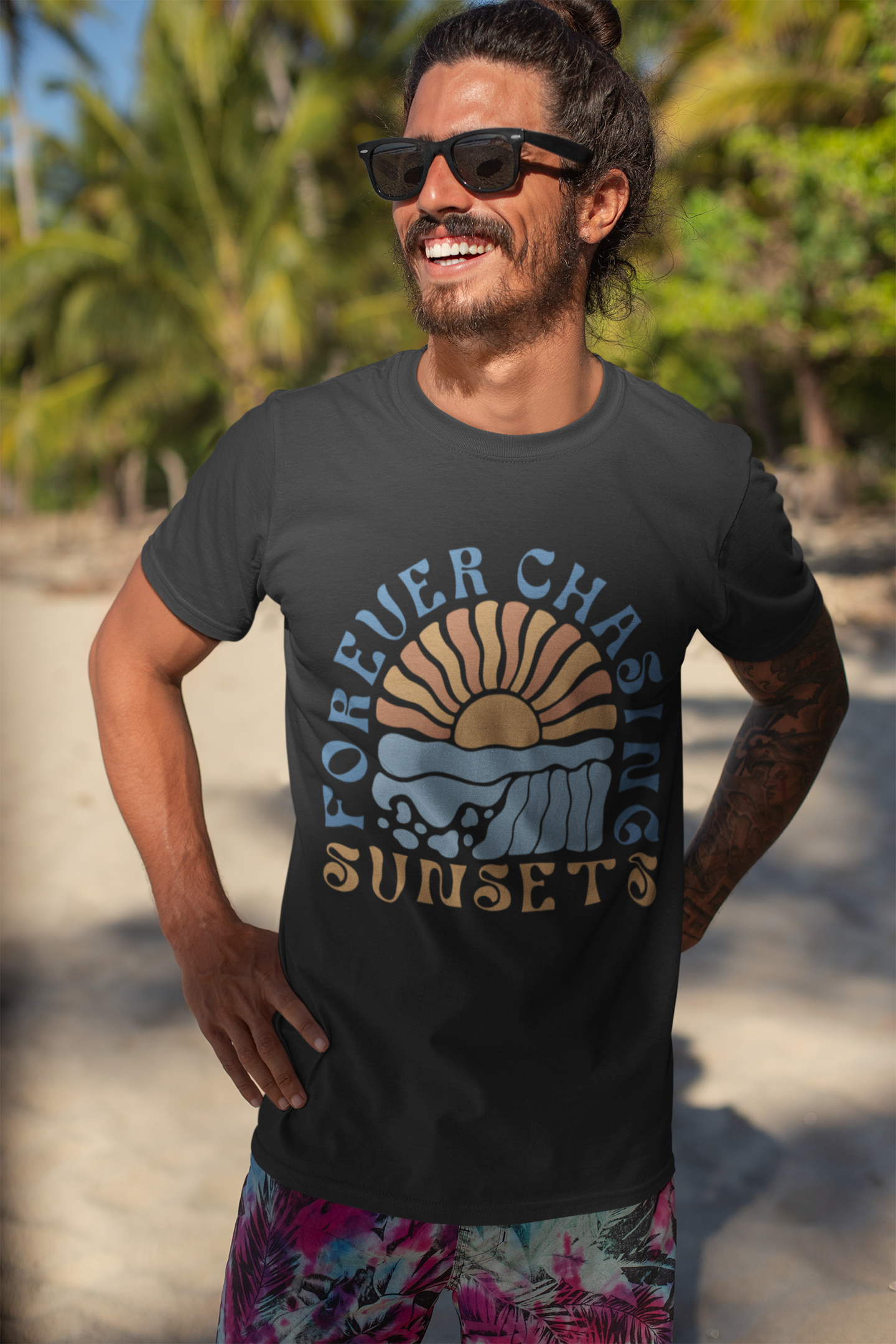 Surfer Shirt "Chasing Sunsets" | Relaxed Summer Vibe | Unisex Casual Wear, Beach Flat Art