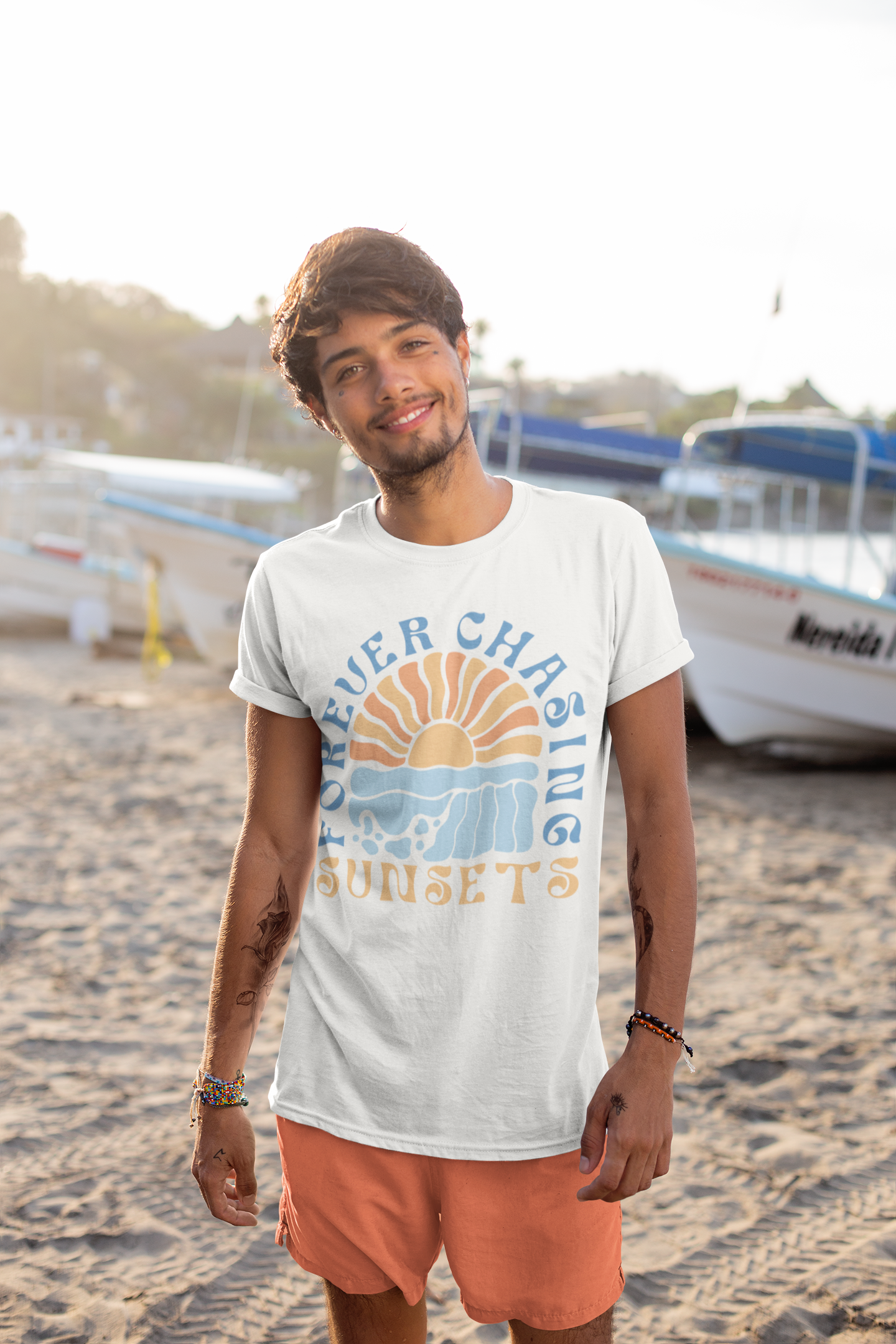 Surfer Shirt "Chasing Sunsets" | Relaxed Summer Vibe | Unisex Casual Wear, Beach Flat Art