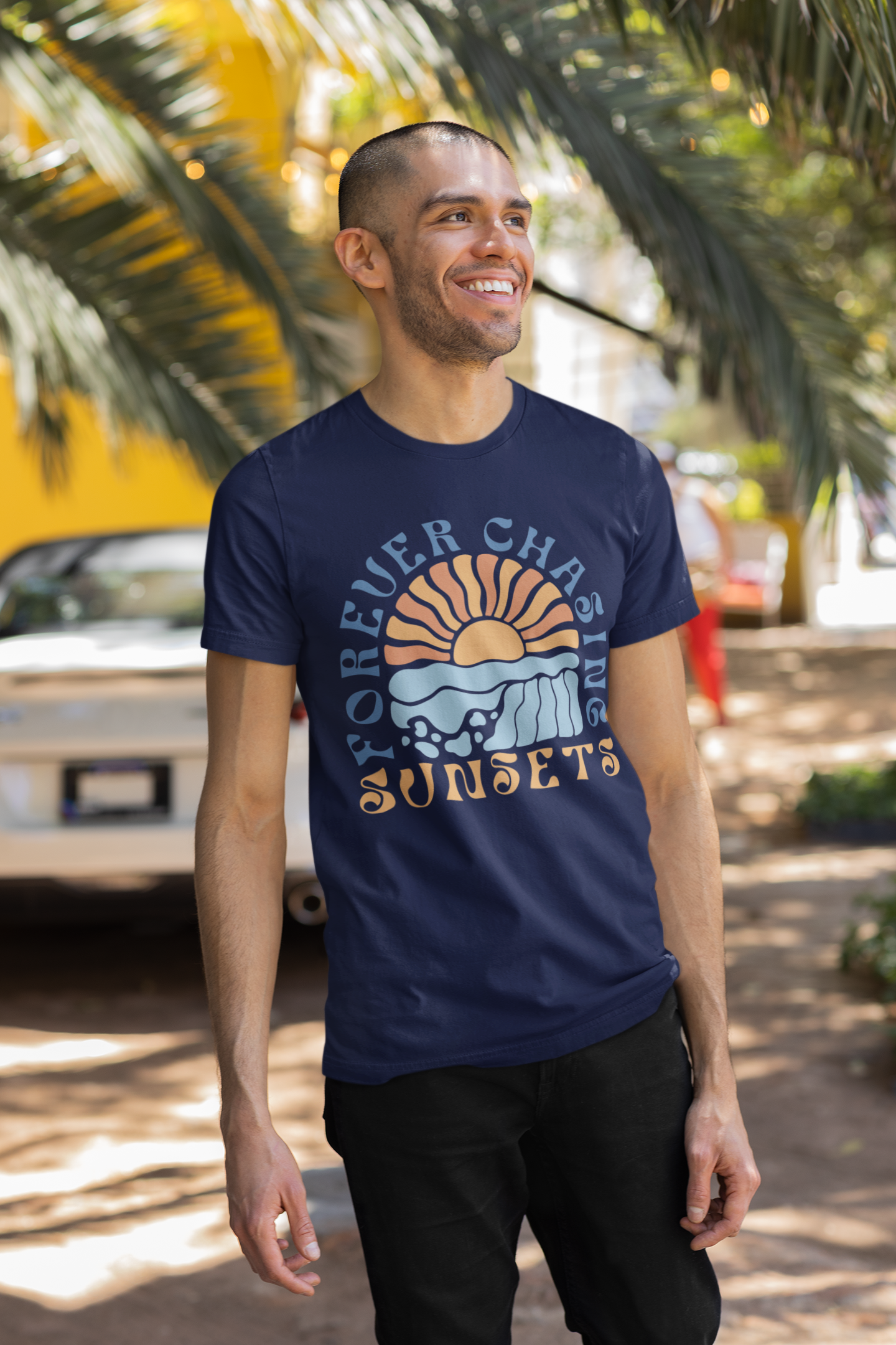 Surfer Shirt "Chasing Sunsets" | Relaxed Summer Vibe | Unisex Casual Wear, Beach Flat Art