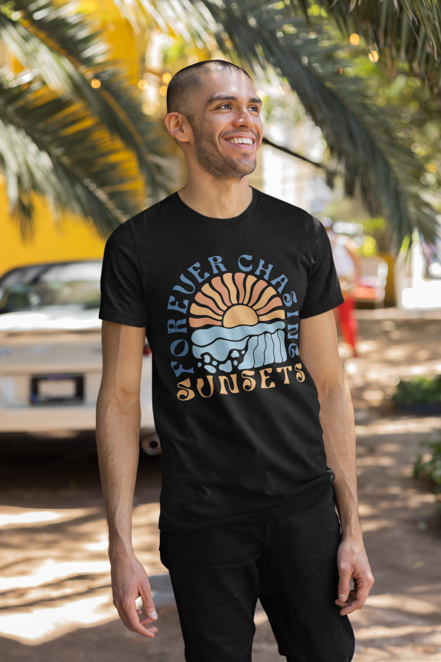 Surfer Shirt "Chasing Sunsets" | Relaxed Summer Vibe | Unisex Casual Wear, Beach Flat Art