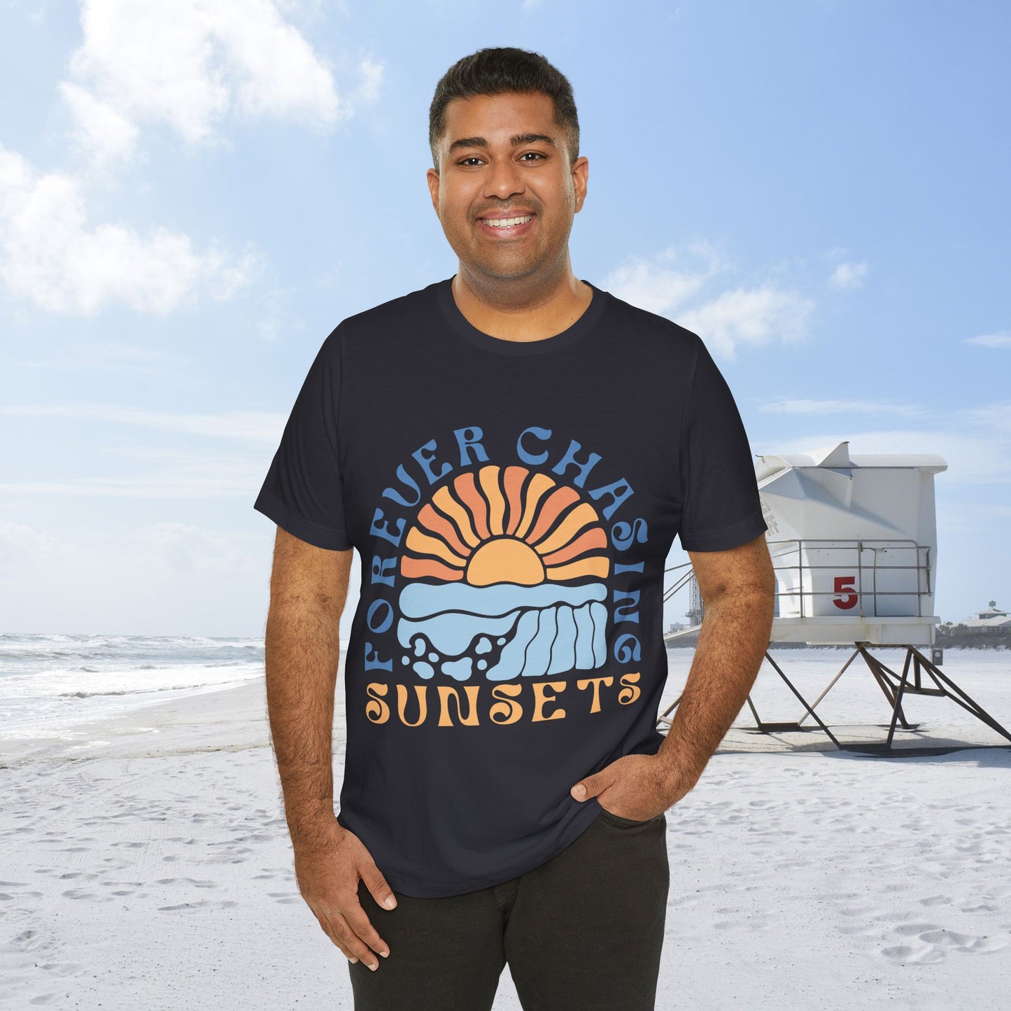Surfer Shirt "Chasing Sunsets" | Relaxed Summer Vibe | Unisex Casual Wear, Beach Flat Art