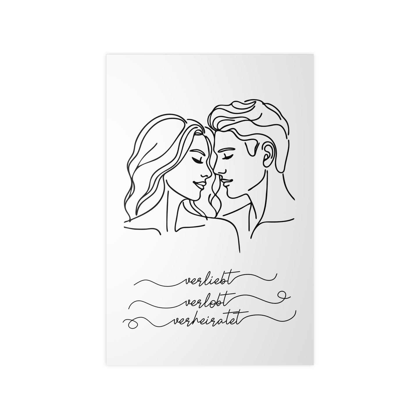 Minimalistisches Poster "Verliebt, verlobt, verheiratet" Frau mit welligen Haaren