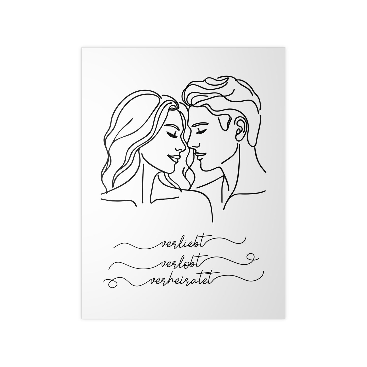 Minimalistisches Poster "Verliebt, verlobt, verheiratet" Frau mit welligen Haaren