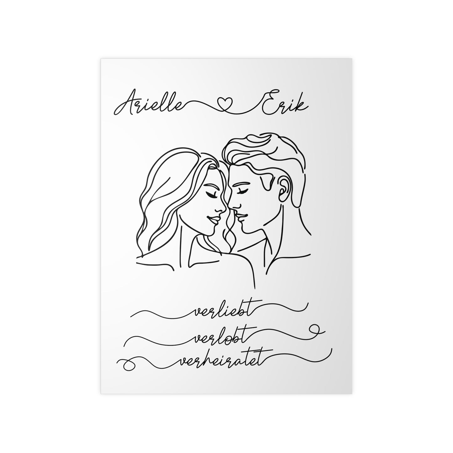 personalisierbares Poster "Verliebt, verlobt, verheiratet" Pärchen mit welligem Haar