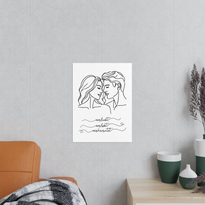 Minimalistisches Poster "Verliebt, verlobt, verheiratet" Frau mit welligen Haaren