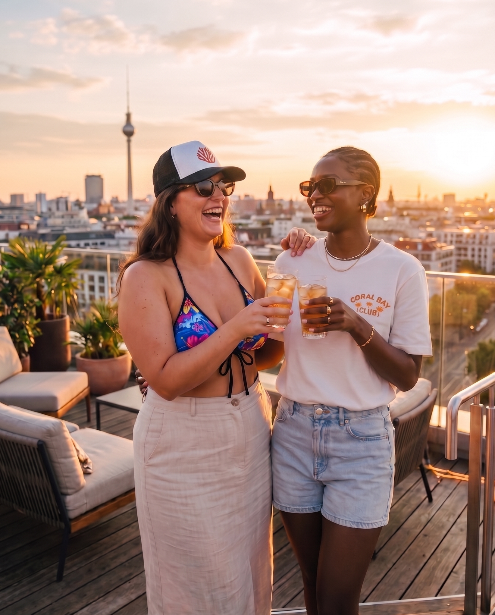 Markenbotschafterin für den CoralBay Club steht mit Freundin auf Dachterrasse