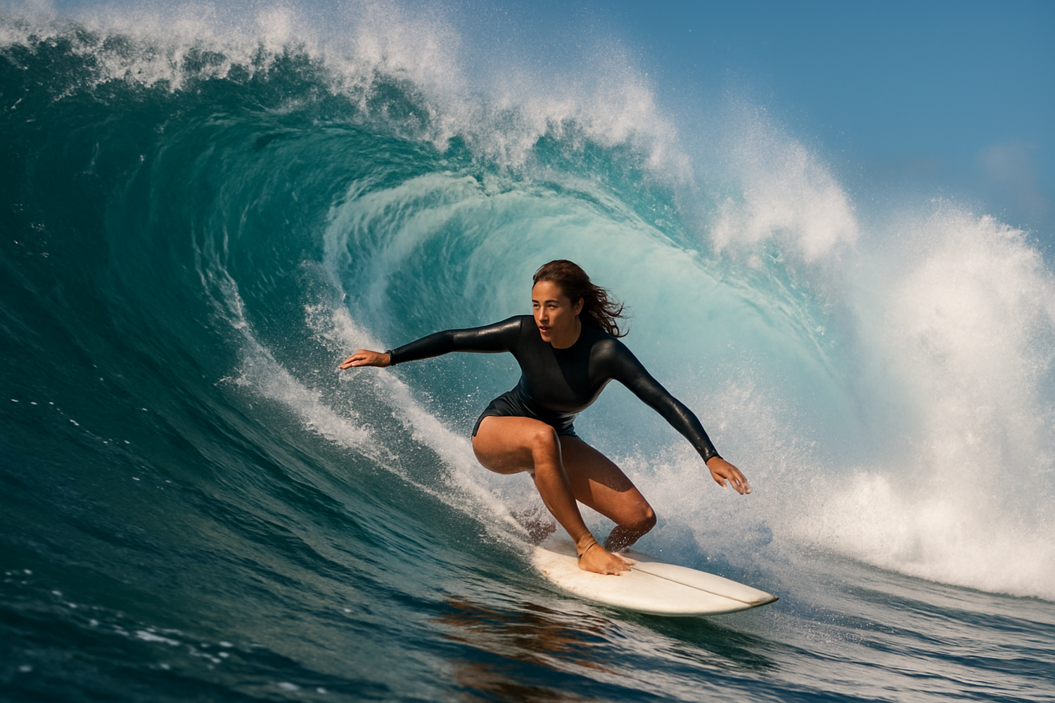 Eine Surferin die auf einer Welle Surft